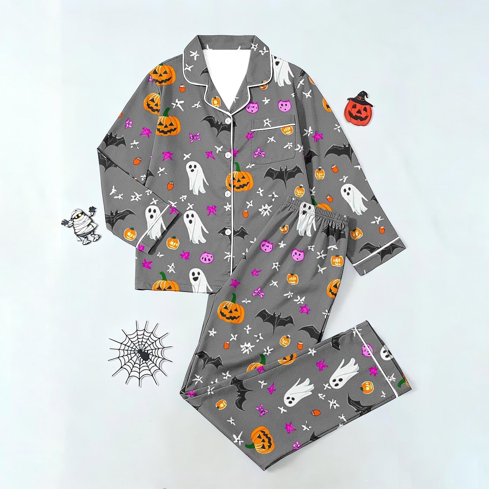 Schlafanzug Damen Baumwolle mit Reverskragen, Halloween Pyjama