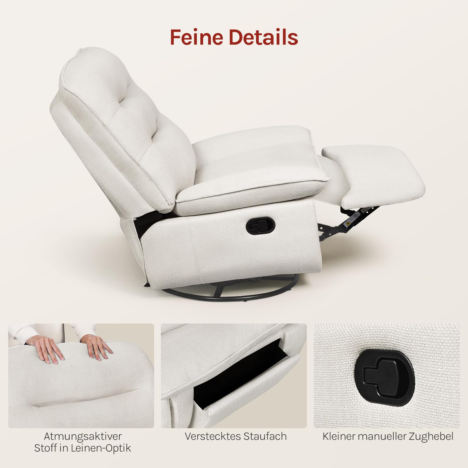 WOLTU Relaxsessel mit Liegefunktion, 95 cm breite Sitzfläche, Beige | drehbarer Fernsehsessel, mit klappbarer Fußstütze, Seitenfach, bis 150 kg, für Wohnzimmer Schlafzimmer Arbeitszimmer