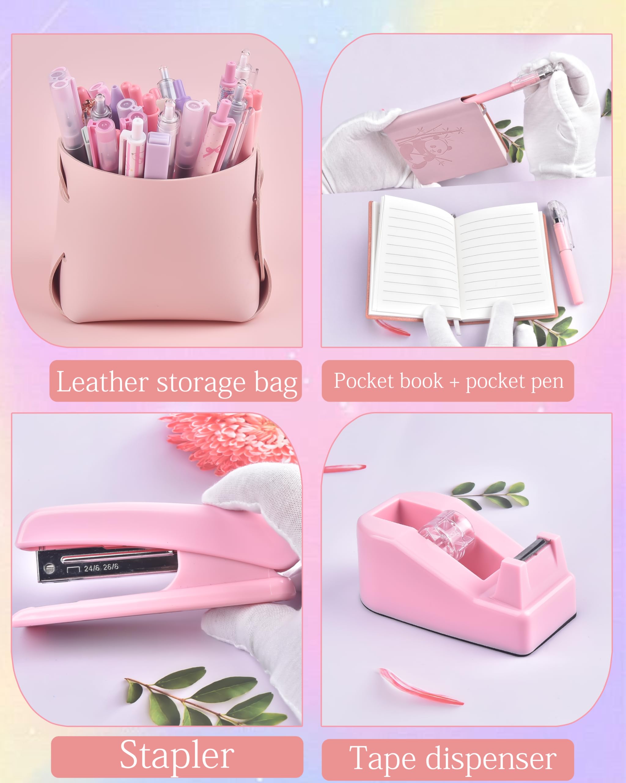 Pinkes Schreibtischzubehör, Federmäppchen, Hefter, Stift und eine Menge Bürobedarf, rosa Bürobedarf, wunderschön präsentiert in einer Geschenkbox