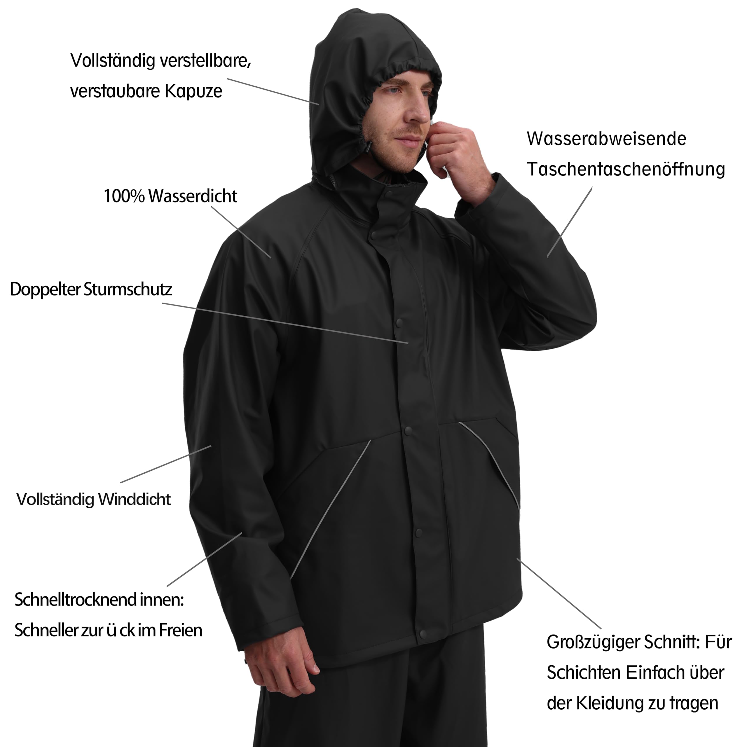 Męski kombinezon przeciwdeszczowy wodoodporny – wytrzymały materiał PU z kapturem i spodnie ogrodniczki, ochrona Heavy-Duty, do pracy, na budowę, wędkowanie i na świeżym powietrzu WS-005