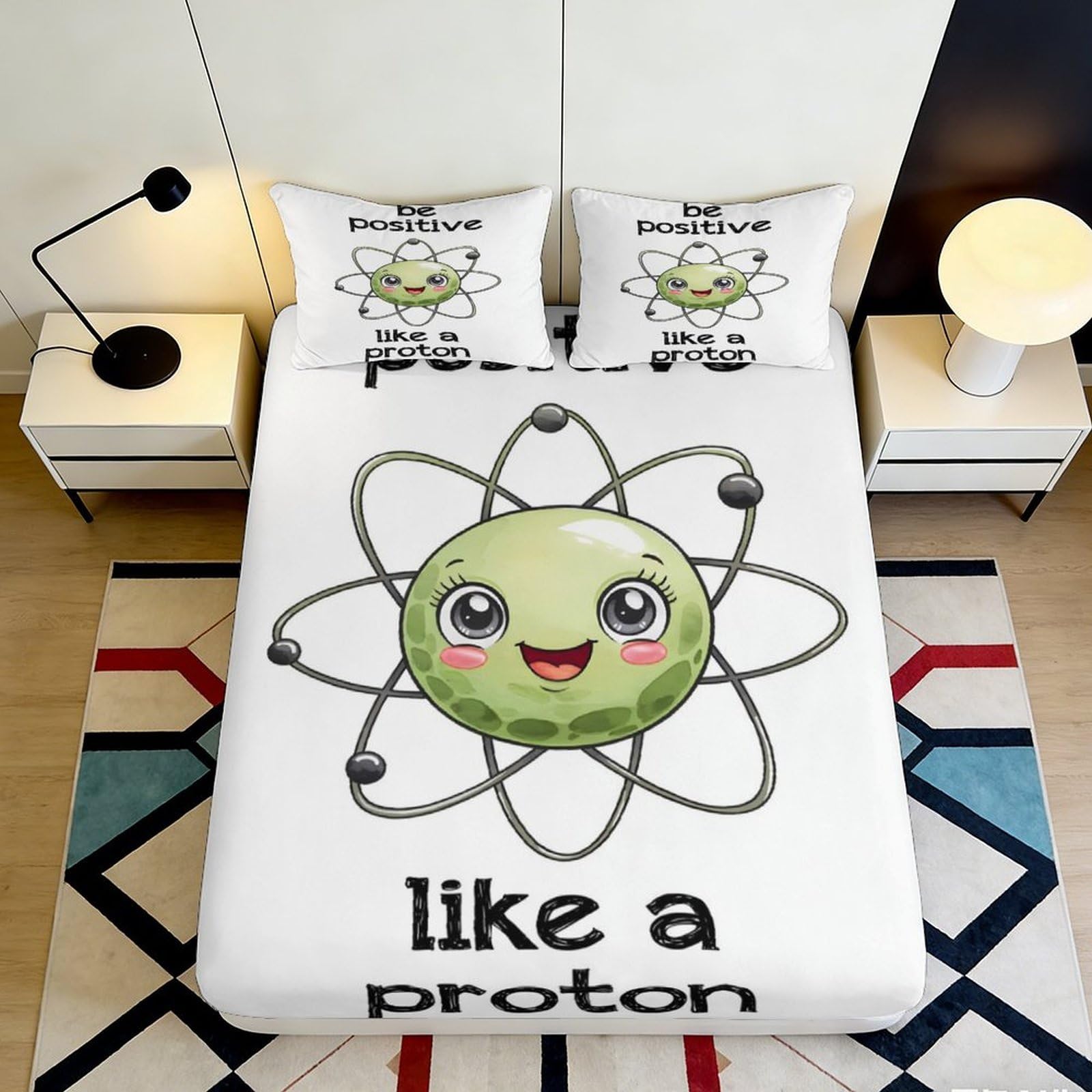 Decorative green atom cartoon fitted sheet, 3D Printed, Microfiber soft touch, dustproof, guest room bedding, easy care 90x200x25cm