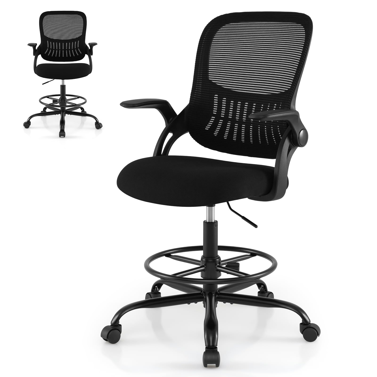 CASART Sedia da disegno in rete, sedia ergonomica da ufficio con supporto lombare e braccioli ribaltabili, sedia da scrivania regolabile in altezza per casa e ufficio (con spazio per riporre lo