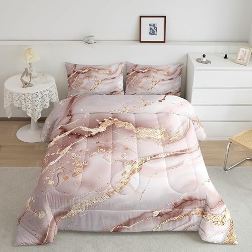 Girls Marble Comforter Set Women Pastel Pink Gold Marble Pattern Bedding Set Kid