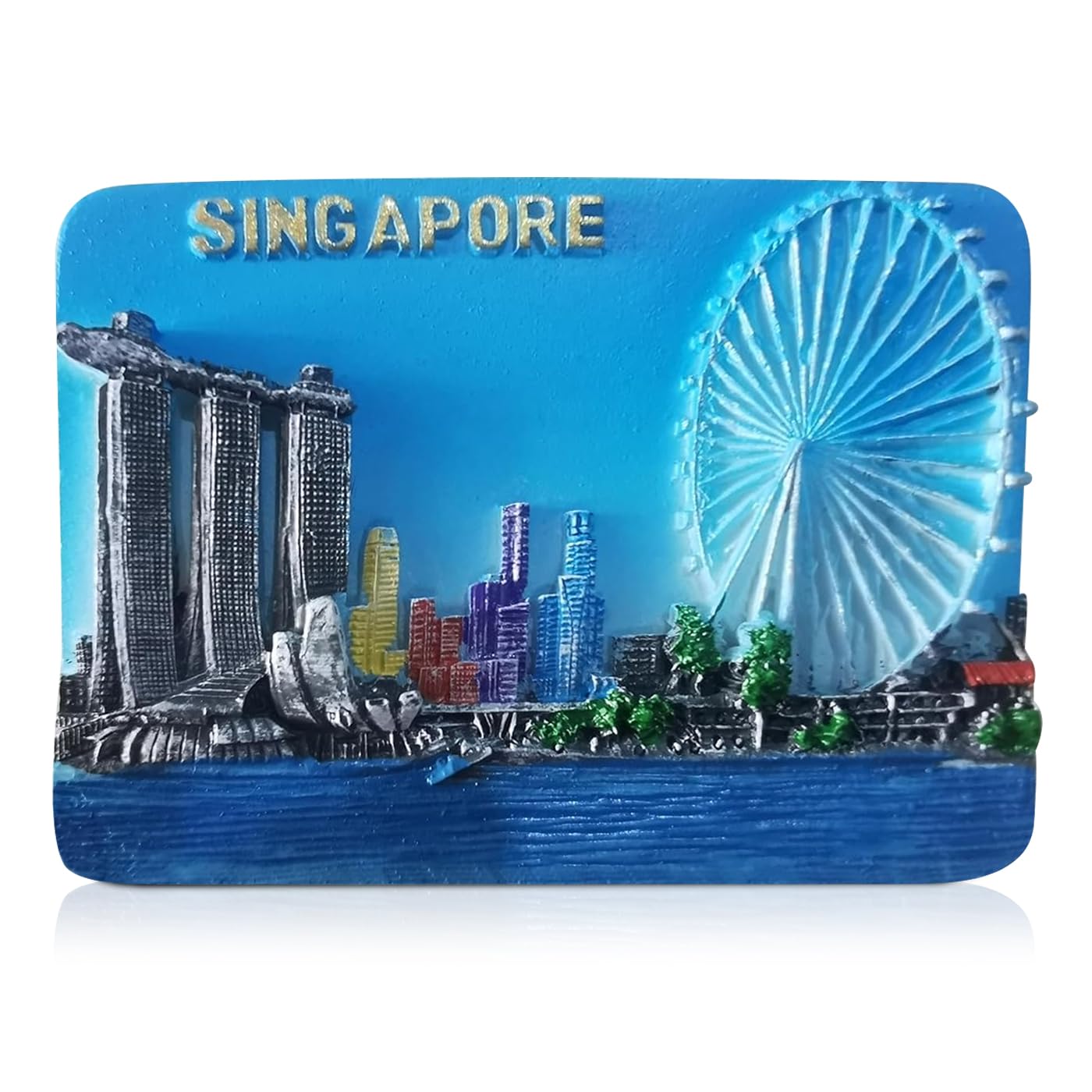 Singapore Tourist Souvenir Fridge Magnet, Marina Bay Sands and Singapore Flyer, 7 cm x 5 cm, Blue