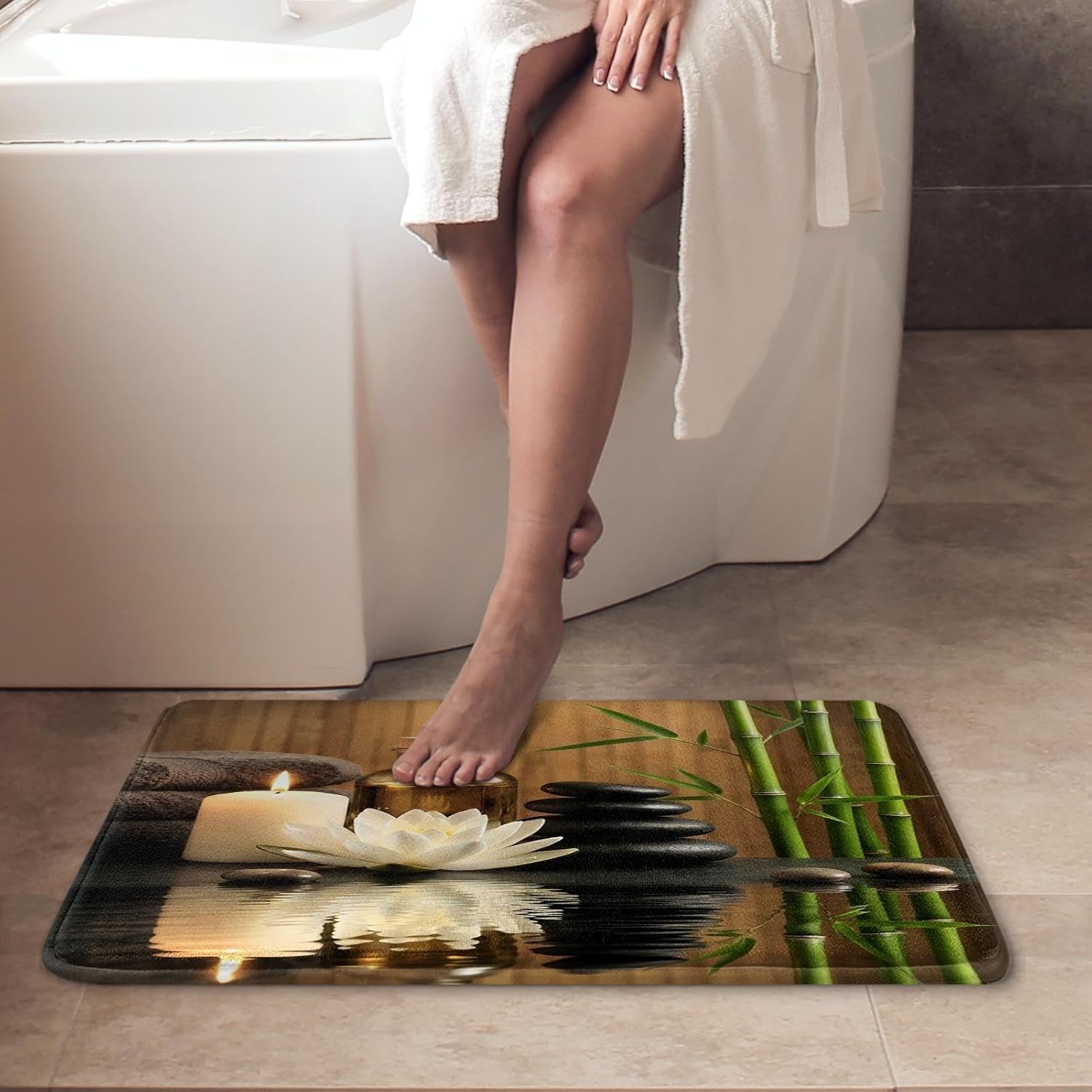 ArtSocket Green Bathroom Set with Shower Curtain and Rugs and Accessories, Bamboo Stones spa Oil Shower Curtain Set, Modern Zen Bathroom Decor 3 Pcs