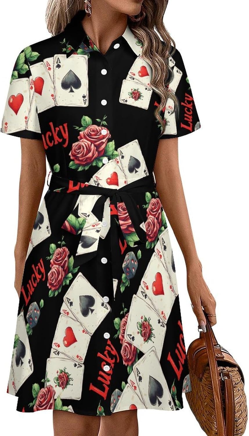 Lucky Gambling Casino Cards And Dice Shirt Dresses for Women Button Down Maxi Dress Short Sleeve Midi Dress Beach Sundress
