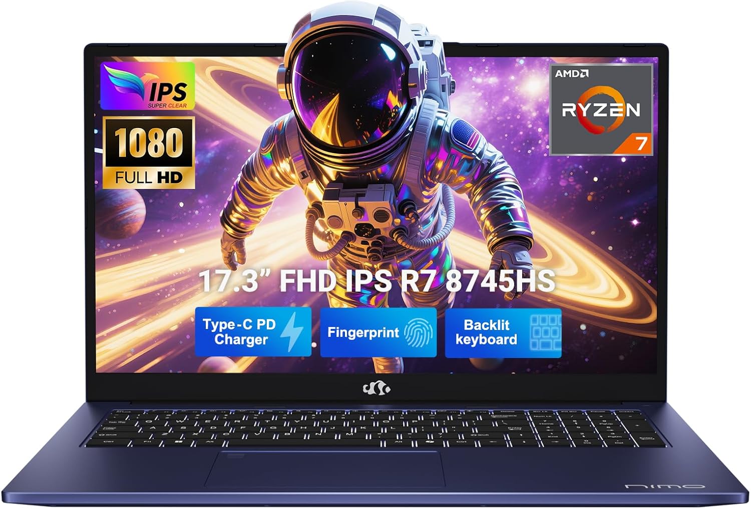 NIMO 17.3″ Light-Gaming-Laptop, AMD Ryzen 7 8745HS 8-Core up to 4.9GHz, 32GB DDR5 RAM 1TB SSD, AMD Radeon 780M Graphics, FHD IPS Display, 100W USB-C, Backlit Keyboard, Fingerprint, USB 4.0