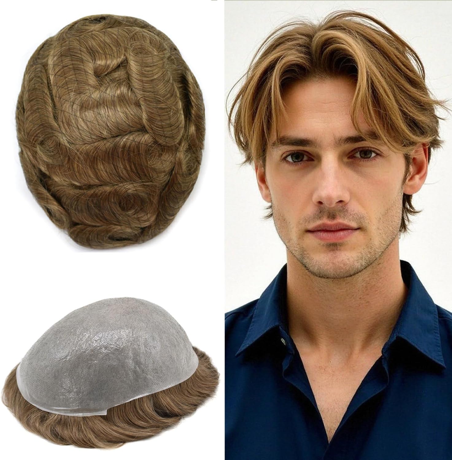 Human Hair Mens Toupee All V-looped Craft 0.04mm Ultra Thin Skin Hair Pieces Replacement System #17 Dark Ash Blonde, 90% Light density