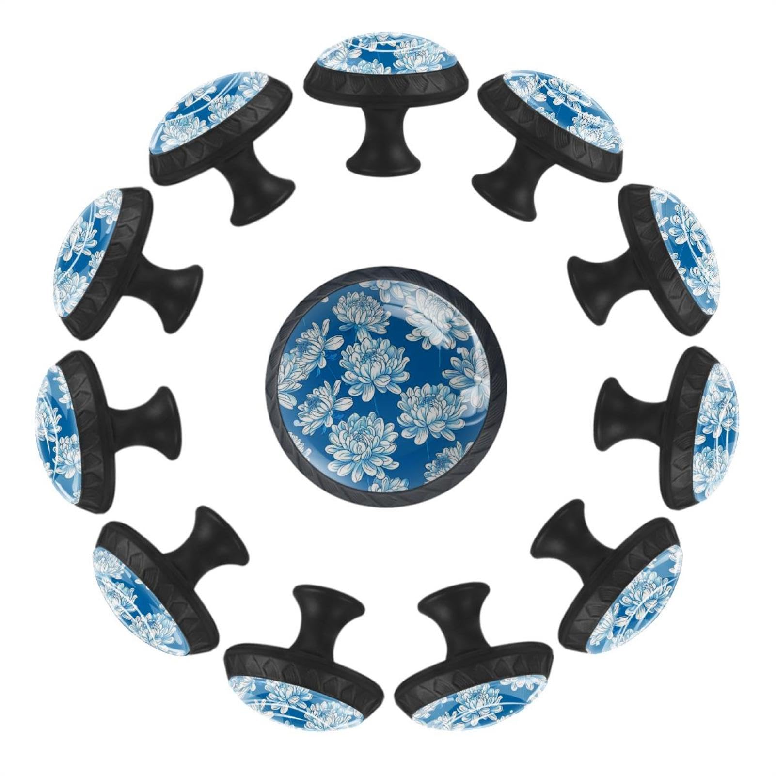 Boutons de tiroir pivoines bleues en verre cristal : lot de 12 poignées rondes transparentes