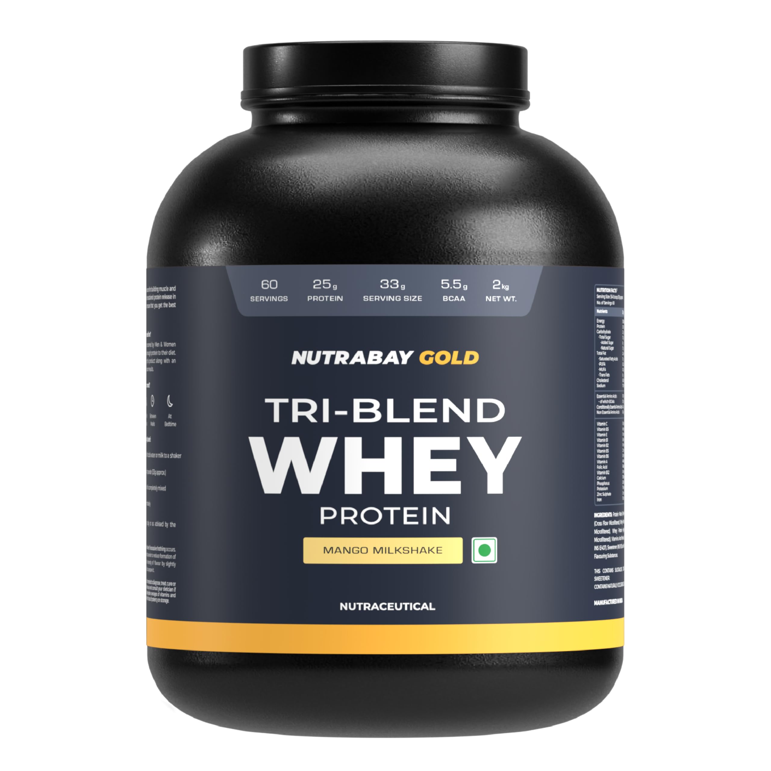 Gold Tri Blend Whey Protein Powder - 2kg, Mango Milkshake | 25g Protein, 5.5g BCAA | Concentrate, Isolate, Hydrolyzed Protein | Muscle Growth & Recovery | Gym Supplement for Men & Women