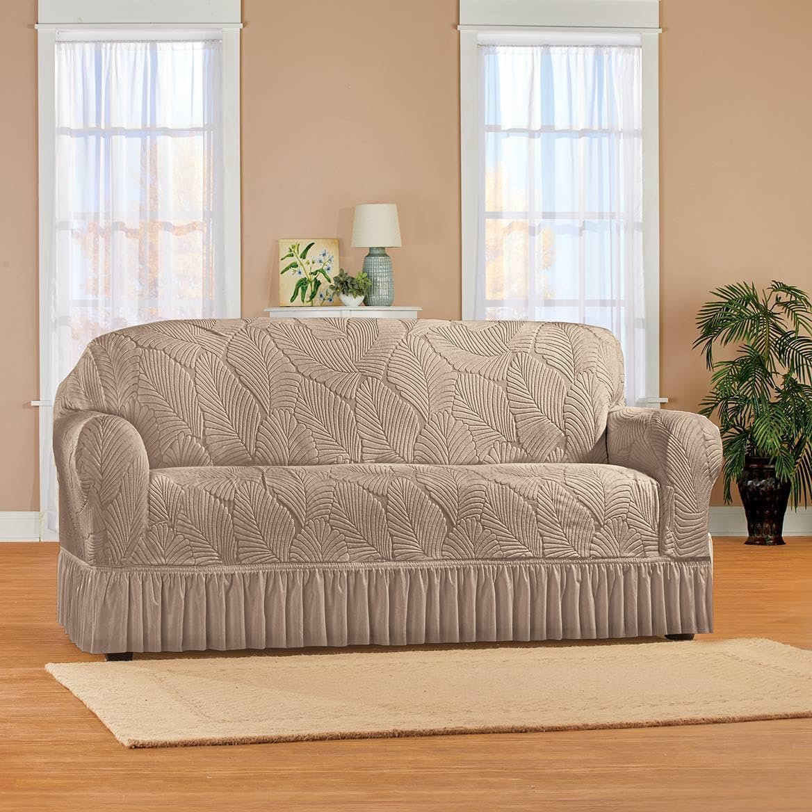 Gajula.Enterprises Leaf Ruffled Stretch Loveseat Slipcover Taupe – 1 Piece, Fits 72"W Arm to Arm
