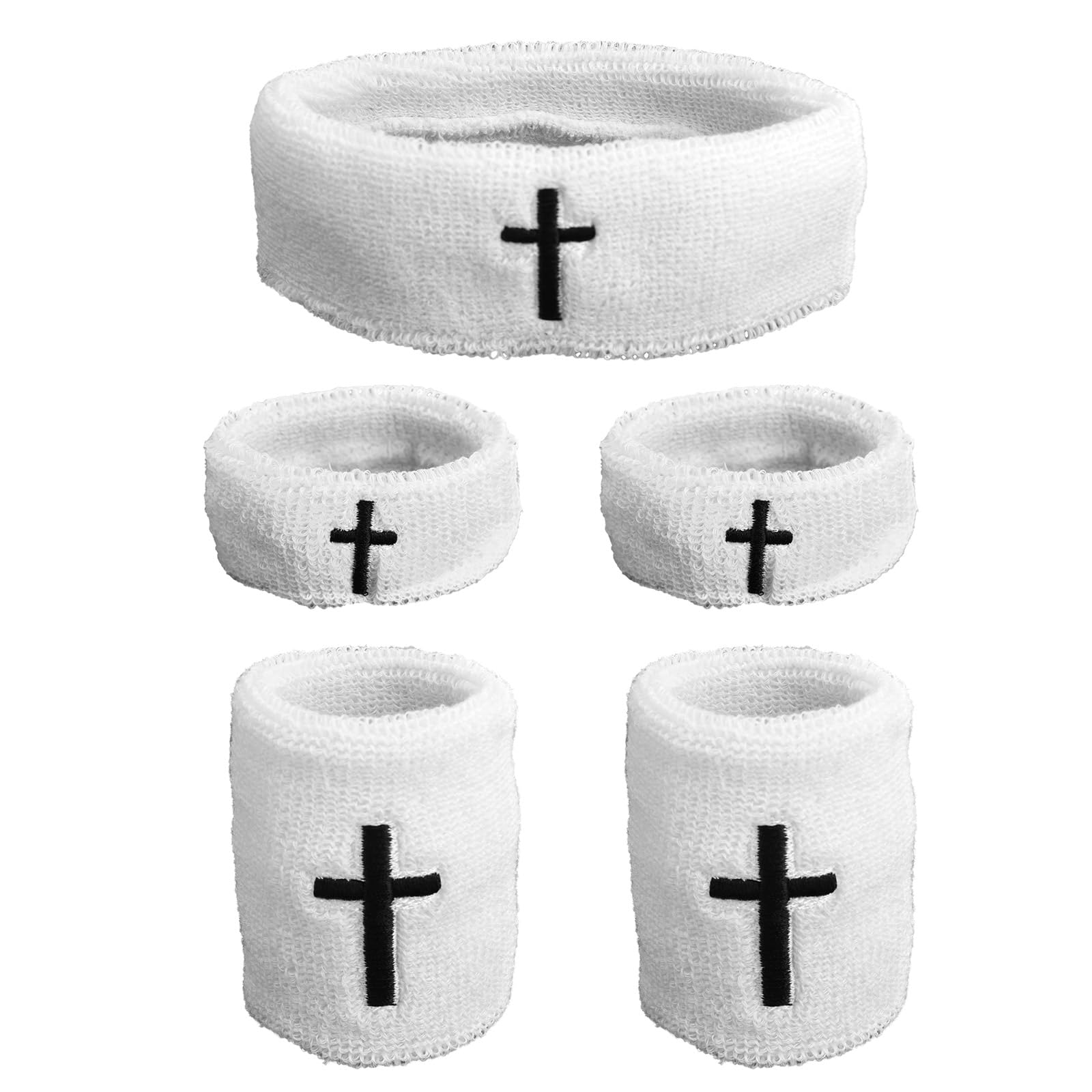 5pcs Cross Sweatband Set, Breathable Sports Headband Wristband & Bicep Arm Band Religious Gifts Christian Sport Accessories for Men Women Football Basketball Athletes (White)