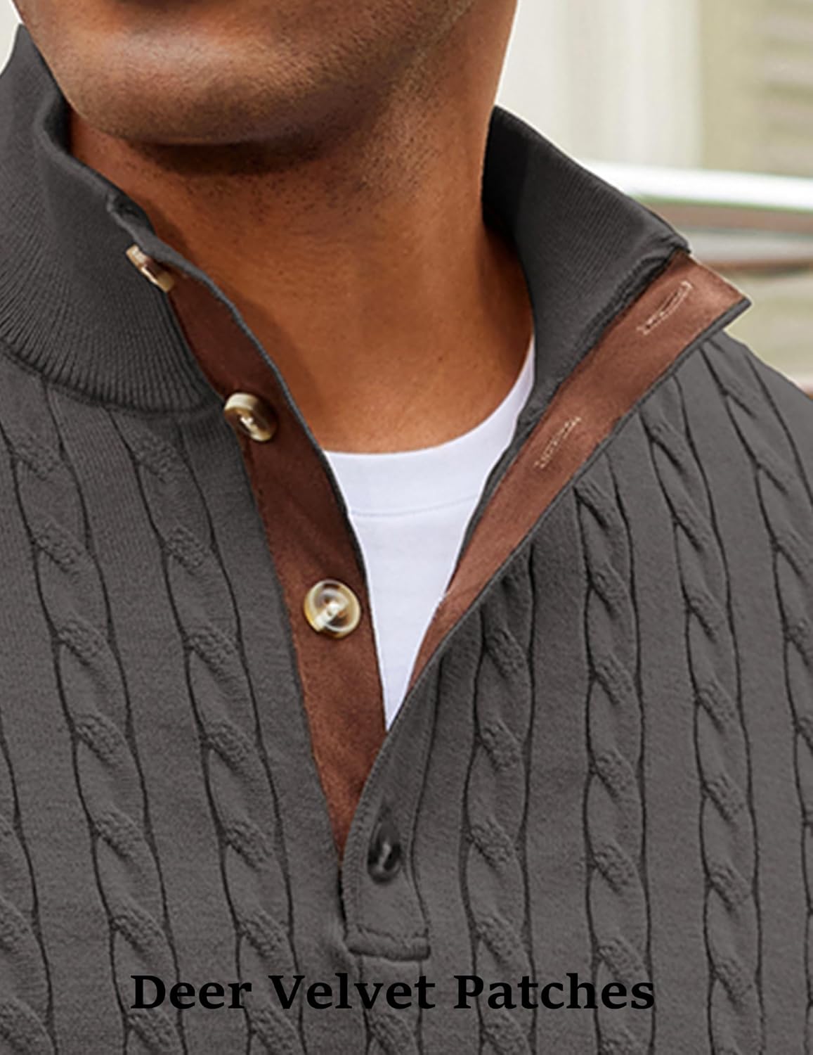 COOFNDY Mens Cable Knitted Pullover Sweaters Casual Long Sleeve Stand Collar Button Up Knit Sweaters