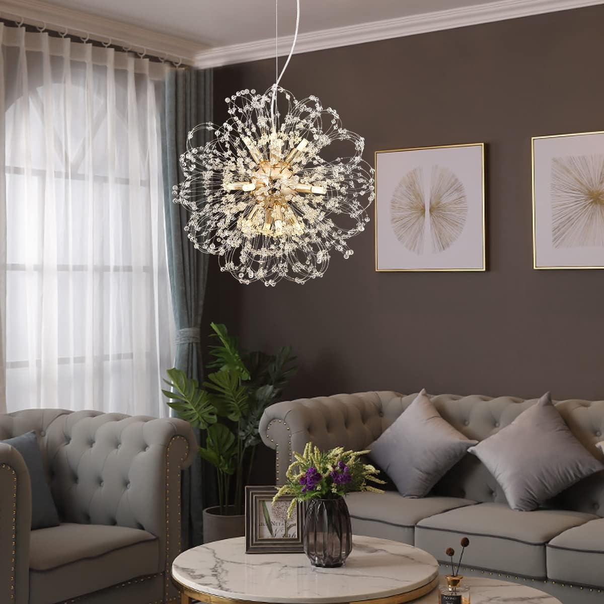 Modern Dandelion Chandelier, Sputnik Crystal Beaded Ceiling Lamp with Gold Finish, Round Sunflower Pendant Light Fixtures for Dining Room Bedroom Foyer Farmhouse (Gold 12Lights)