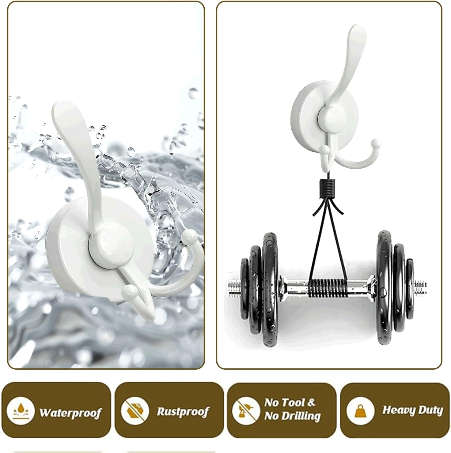 Metal Suction Cup Hooks, Heavy Duty Double for Bathroom, Kitchen, Wall, Cabinet, Car - 2 Pack, Rustproof & Waterproof Adhesive Hooks for Organizing Towels, Keys, Coats, Hats (White)