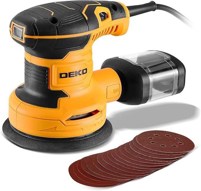 DEKOPRO Ponceuse orbitale aléatoire 2,5 A avec 16 papiers abrasifs, 6 vitesses variables 14 000
