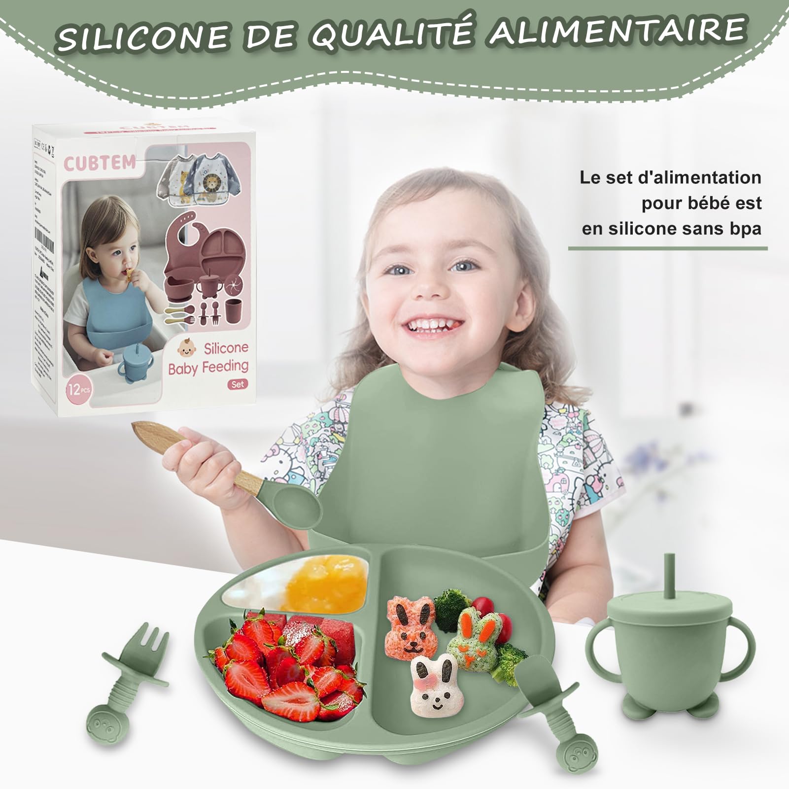 Assiette Bebe,Lot de 12 Set Repas BéBé, Bol Cuillere Bebe,Bavoir Silicone Bebe,Assiette Ventouse Pour BéBé,Enfant Set Couverts Vaisselle Pour Sevrage Manger