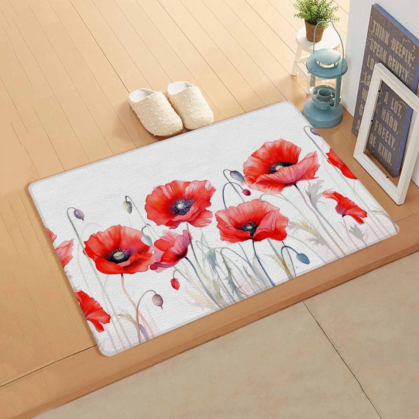 Red Flower Watercolor Antifatigue Kitchen Bath Door Mat Cushioned Runner Rug,Washable Welcome Floor Sink Mat,Waterproof & Non-Slip Kitchen Standing Doormat,Spring Botanical Plant Modern White 24