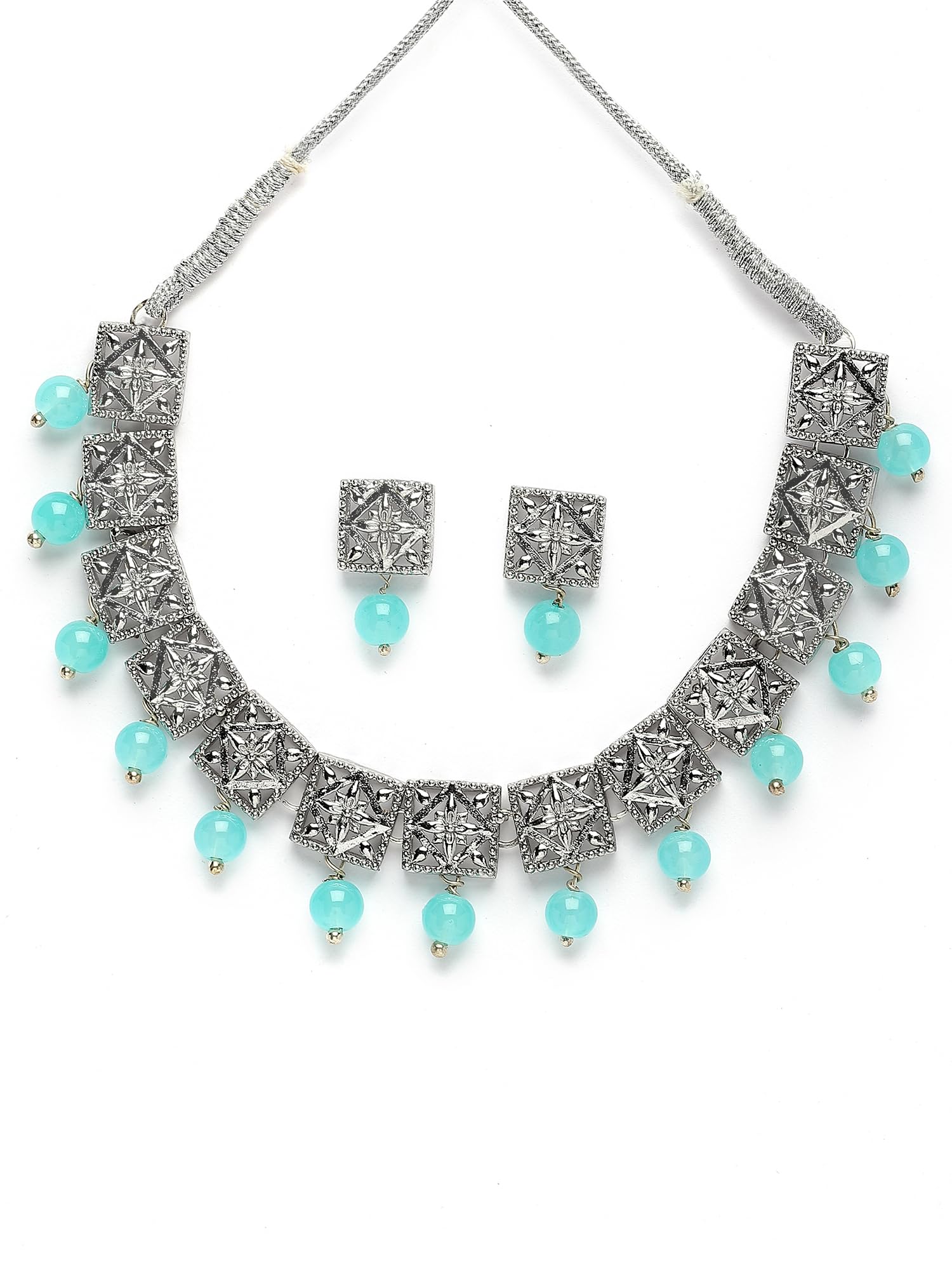 Karatcart Oxidised Silver Plated Light Blue Beads Kundan Necklace Set for Women (B0CH55TWZ1) Amazon Price History, Amazon Price Tracker