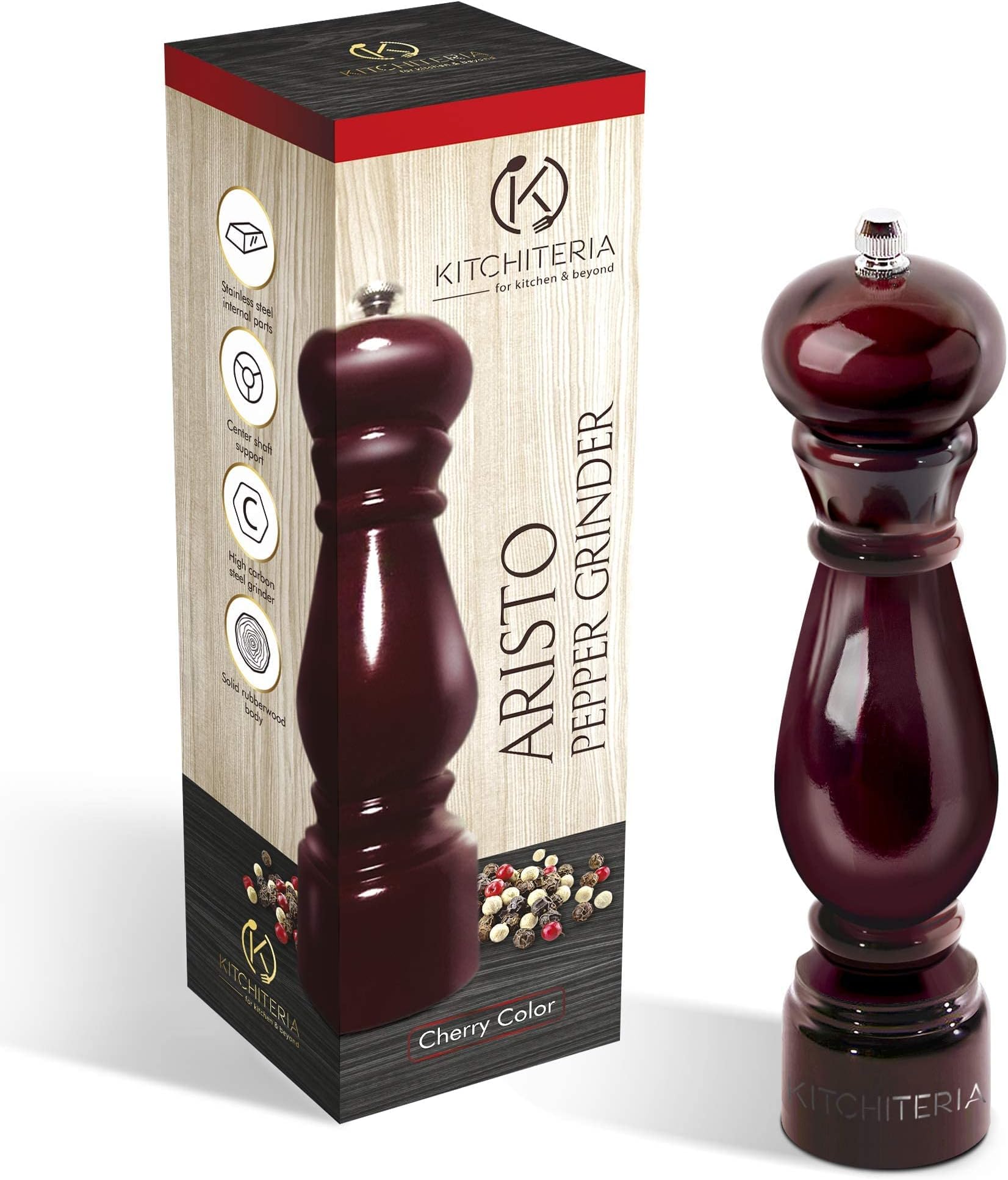 KITCHITERIA Wood Pepper Grinder Mill - Smooth, Consistent Carbon Steel Grinding Mechanism - High Quality, Comfortable, User-Friendly, Elegant and Long Life - 8.5 Inches