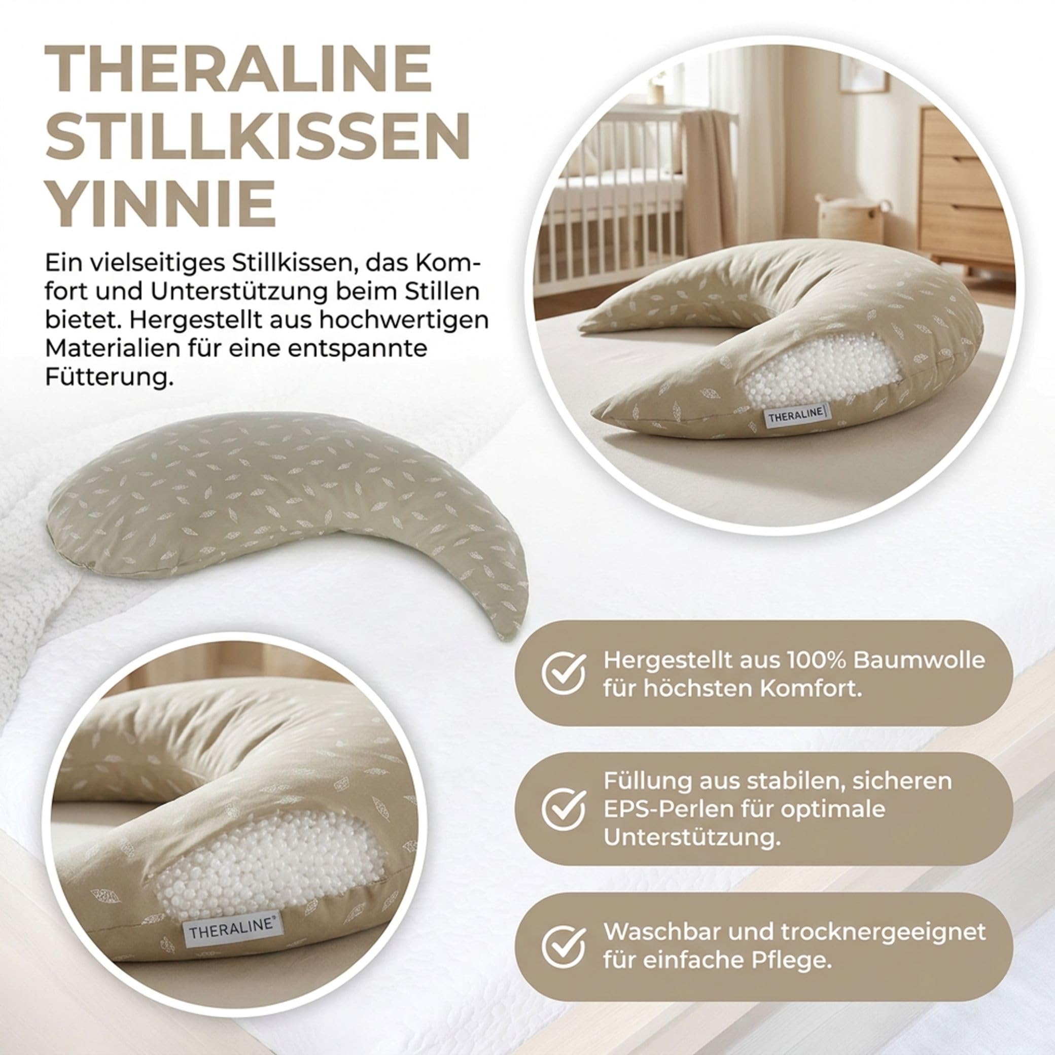 Set Theraline Stillkissen Yinnie & Spucktuch Blaubär | Schmuse- und Lesekissen 135 cm x 35 cm | Bauchstützkissen mit sandfeinen Perlen | Schmusekissen inkl. Außenbezug
