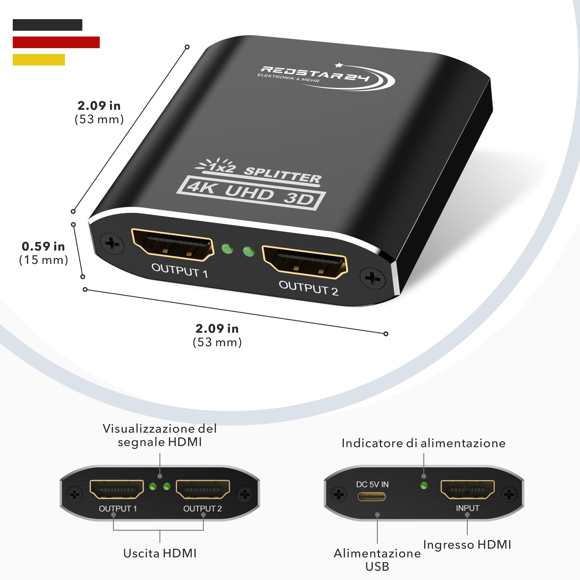 RedStar24 HDMI Splitter 4K@60Hz, 1 In 2 Out Ripartitore HDMI, Sdoppiatore hdmi 1 ingresso 2 uscite, supporta HDCP, 4K, 3D, UHD, 1080P - Compatibile con Xbox, PS4, Roku, Firestick, HDTV e Apple TV