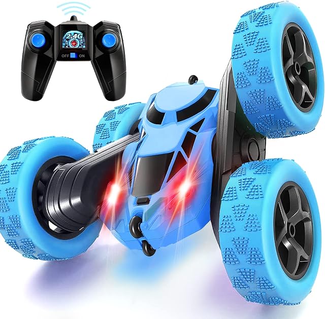 MidiVix Ferngesteuertes Auto, 90 Min Spielzeit, 2.4Ghz Doppelseitig 360° drehbare RC Stunt Crawler mit Scheinwerfern, 4WD Off Road Drift RC Auto Spielzeug Geschenke für Jungen 6-12 Blau
