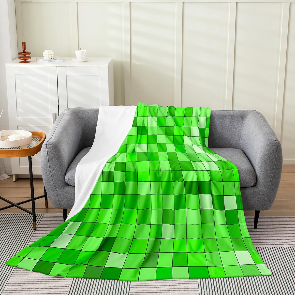 Geometric Grid Kids Flannel Blanket,Patchwork Square Video Games Bed Blanket,Gradient Gaming Girls Boys Sofa Decor,Green Fuzzy Blanket,Queen Size (90 x 90 Inches) image 3