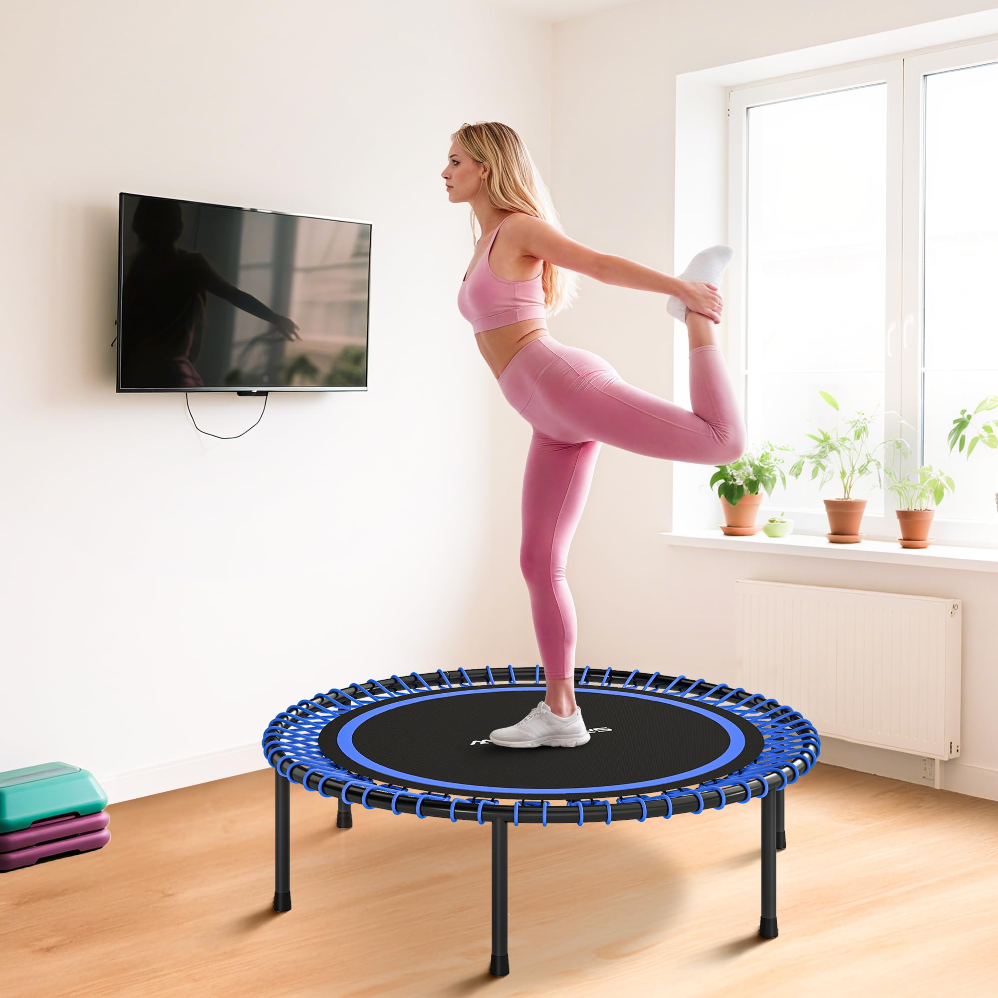 SPORTNOW Trampolino fitness per adulti Ø114 cm, trampolino elastico con telaio in acciaio rinforzato, carico 200 kg, per allenamento gambe, corpo in casa, ufficio, palestra