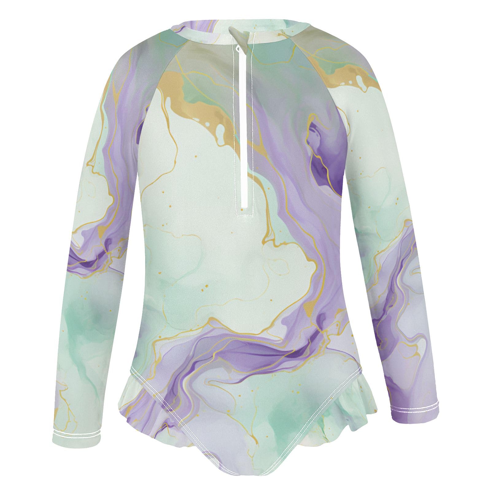 ALAZA Swimsuit for Girls Long Sleeve Rashguard Bathing Suit Marble Aqua Purple Quick Dry 4T