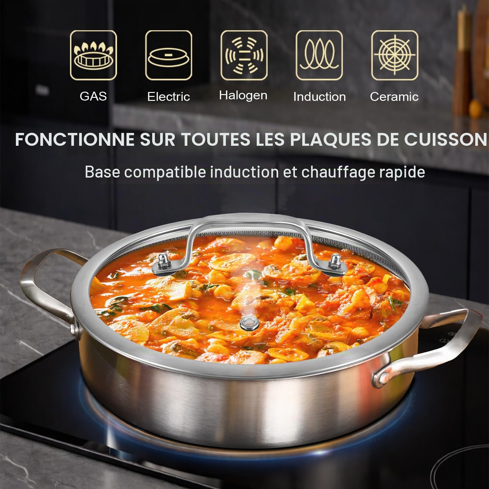 Inqibee Sauteuse 28cm Inox hybride 5L, triple épaisseur, Induction | Sauteuse acier inoxydable, sans revêtement antiadhésif, compatible induction et tous feux, passe au four et lave-vaisselle