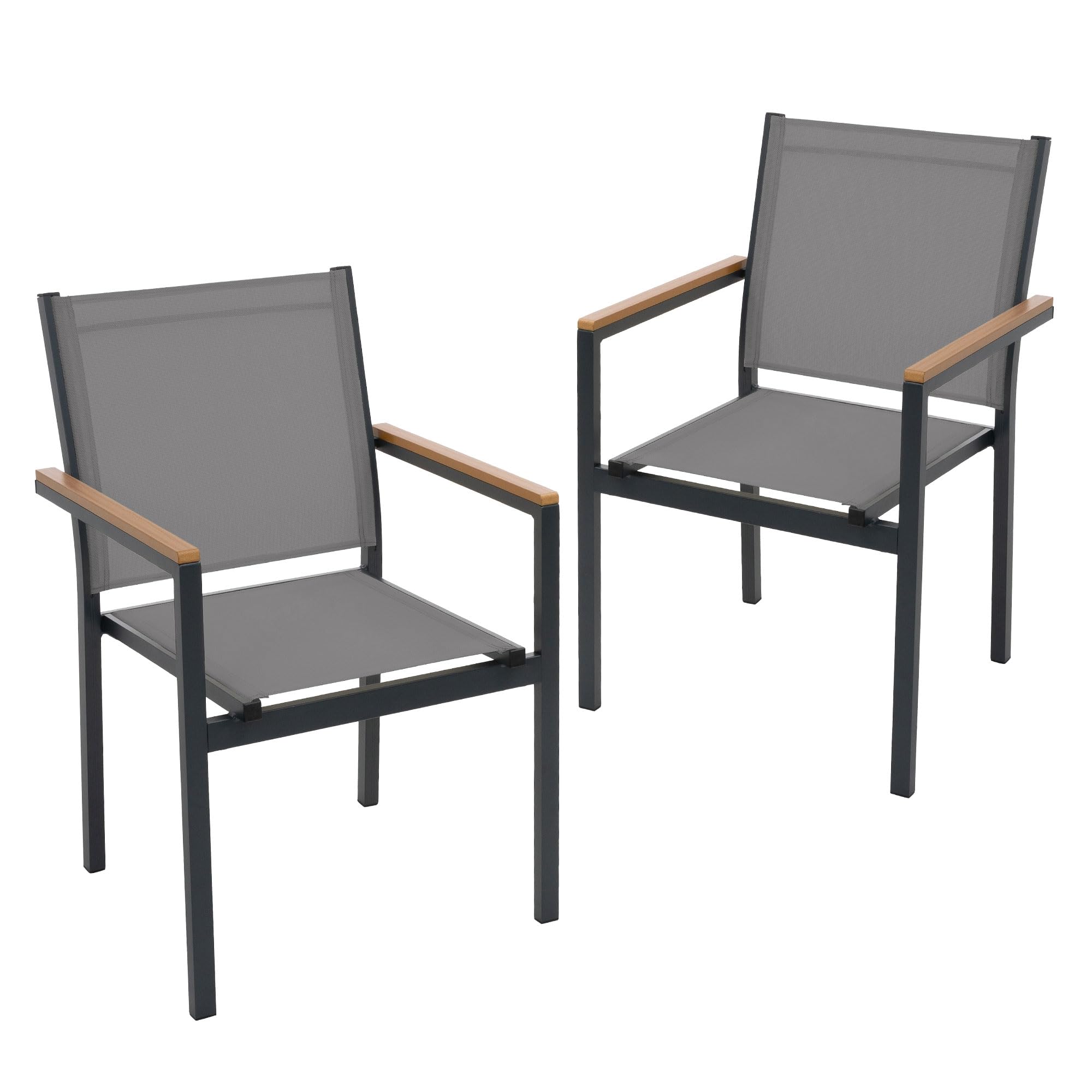 ML-Design Juego 2X Sillas de Jardín Gris Oscuro Asiento de Textilene para Terraza, Aspecto Madera y Estructura de Aluminio con Reposabrazos y Respaldo Mueble Apliable Resistente a la Intemperie