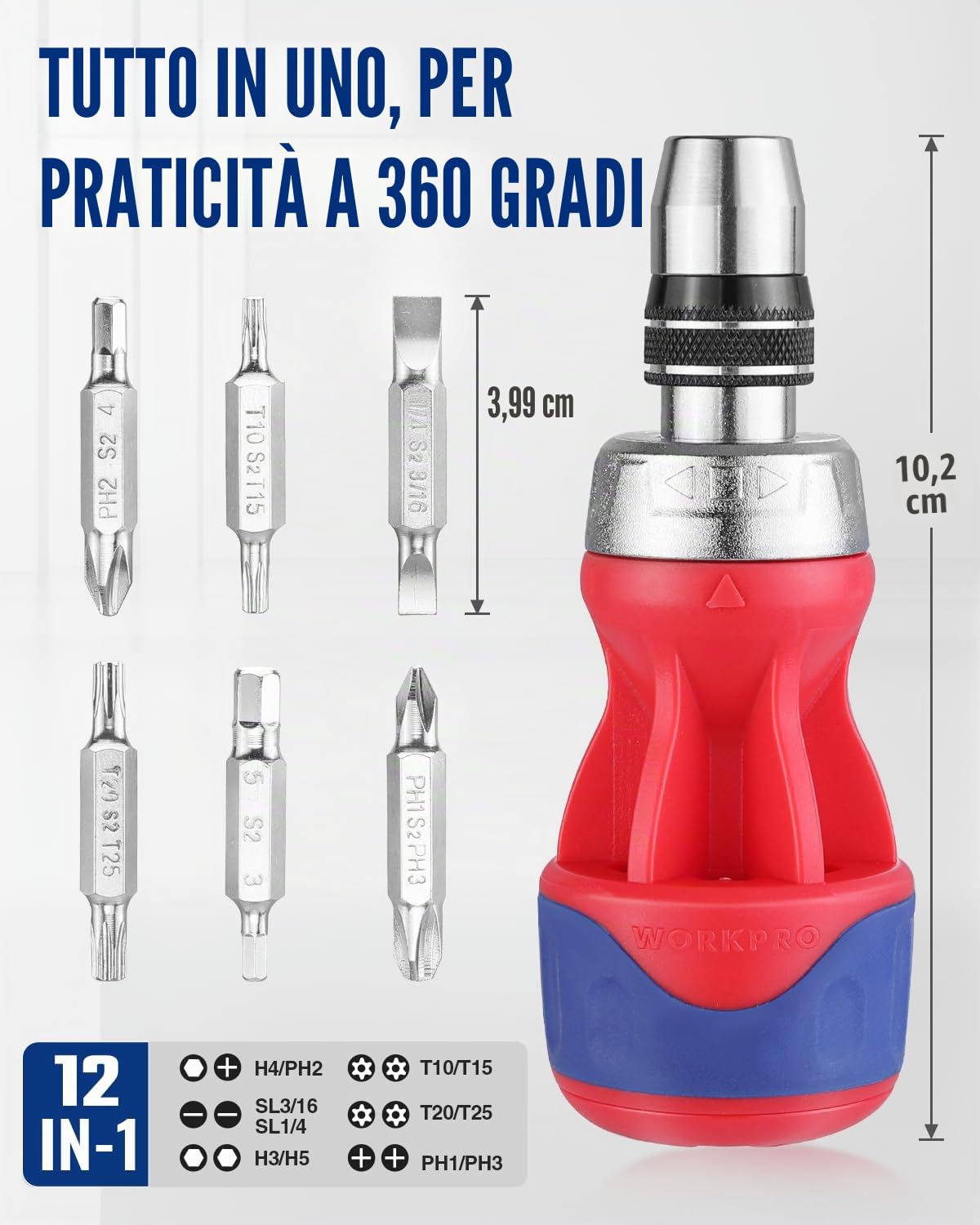 WORKPRO Cacciavite a cricchetto 12 in 1 a più punte tozze, driver a vite corti con meccanismo magnetico, a caricamento rapido, acciaio S2 di alta qualità