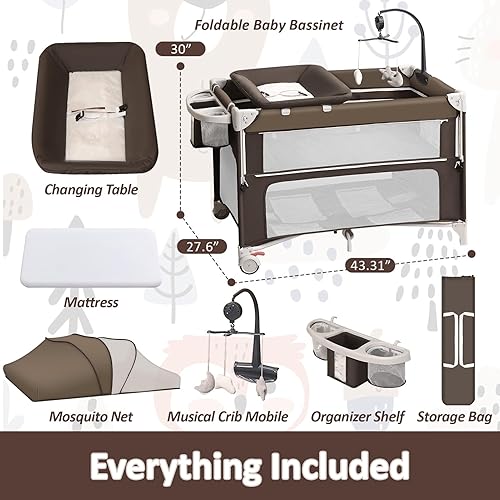 Miniatura 7 de Cuna plegable para bebé, paquete 5 en 1, cama de noche con corral, incluye colchón, cambiador, mosquitero, móvil giratorio y almacenamiento para