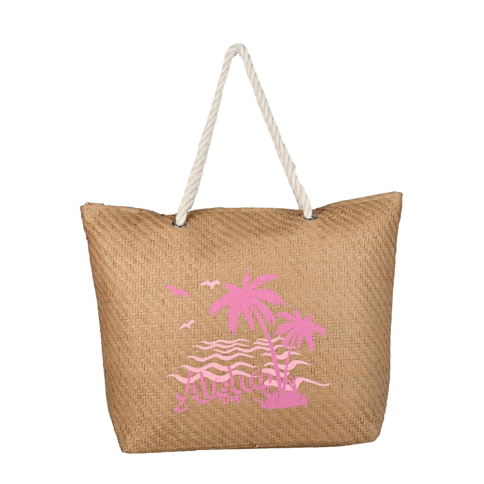 Women’s Beach Tote Bag with Rope Handles, Stylish Printed Jute Look Handbag, Large Capacity Casual Travel, Shopping & Picnic Bag