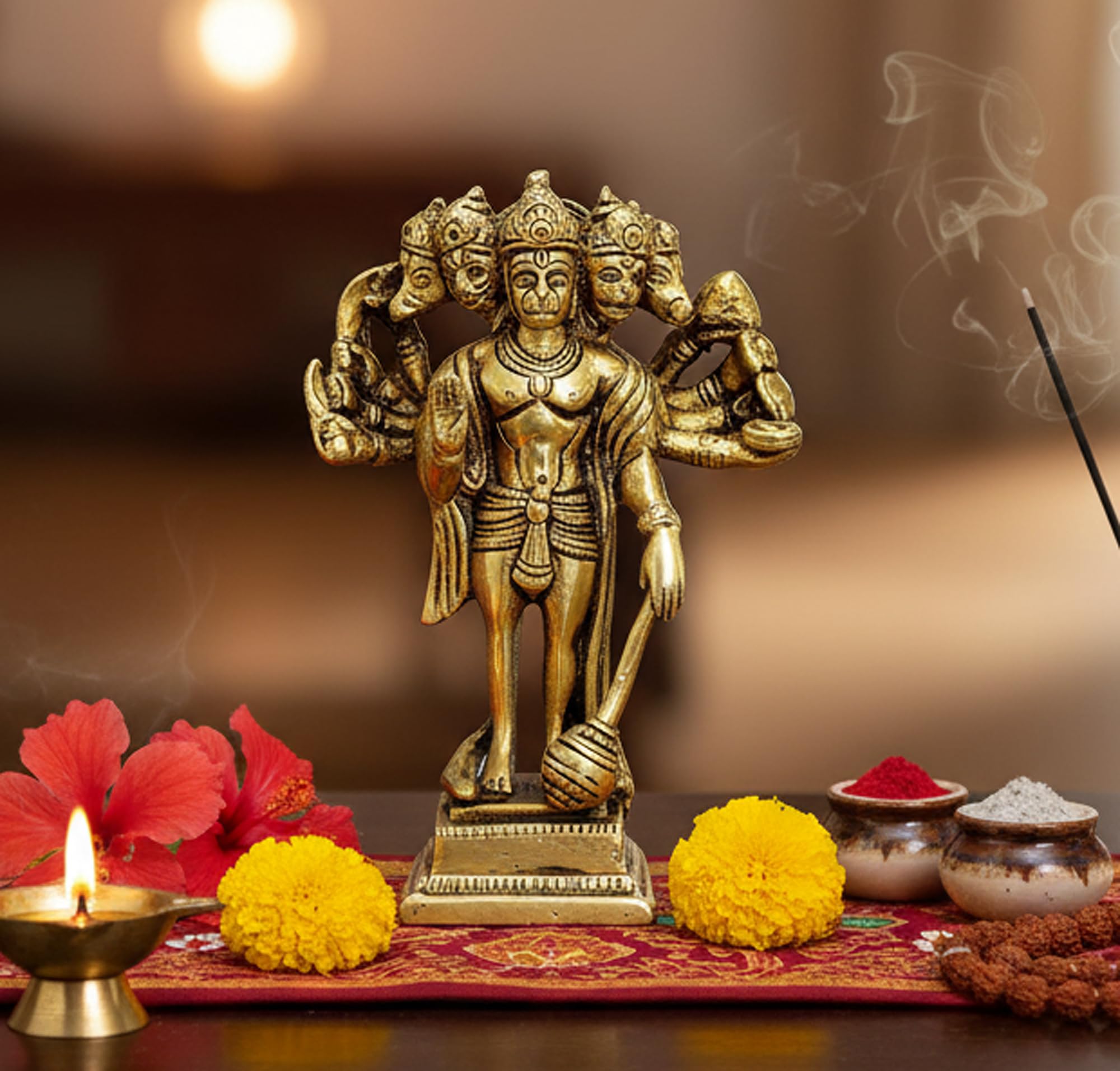 Esplanade Gold Brass Panchmukhi Hanuman Anjaneya Pavan Putra Bajrangbali Idol Murti Moorti Statue - 6.5 Inches | Pooja Idols