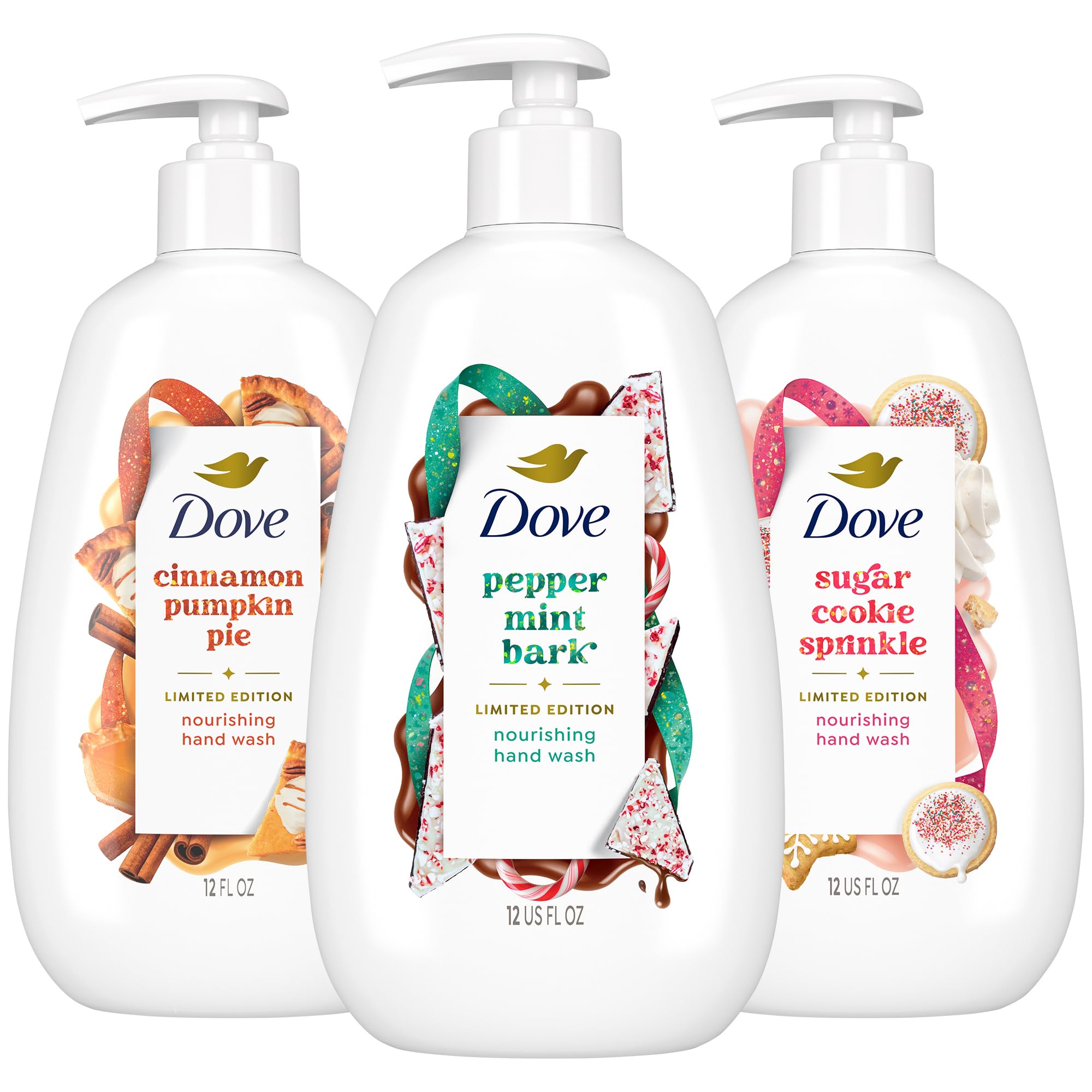 DoveHand Soap, Holiday Treats Variety 3-Pack – Cinnamon Pumpkin Pie, Peppermint Bark & Sugar Cookie Sprinkle, Gifts for Women, 12 Fl Oz Ea