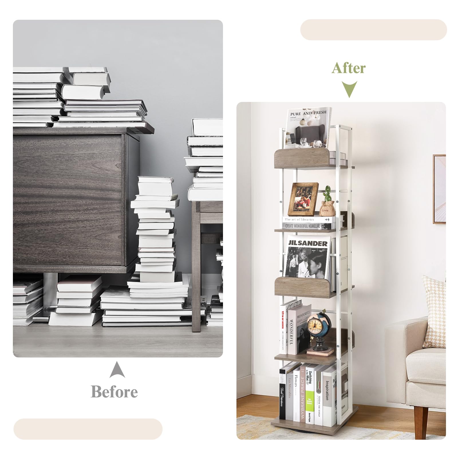 Bikoney Estantería Giratoria de 5 Niveles, Librería de Esquina en Torre, Estantería Alta y Estrecha de Estilo Industrial, Mueble de Metal para Salón, Oficina y Espacios Reducidos (Blanco y Gris)