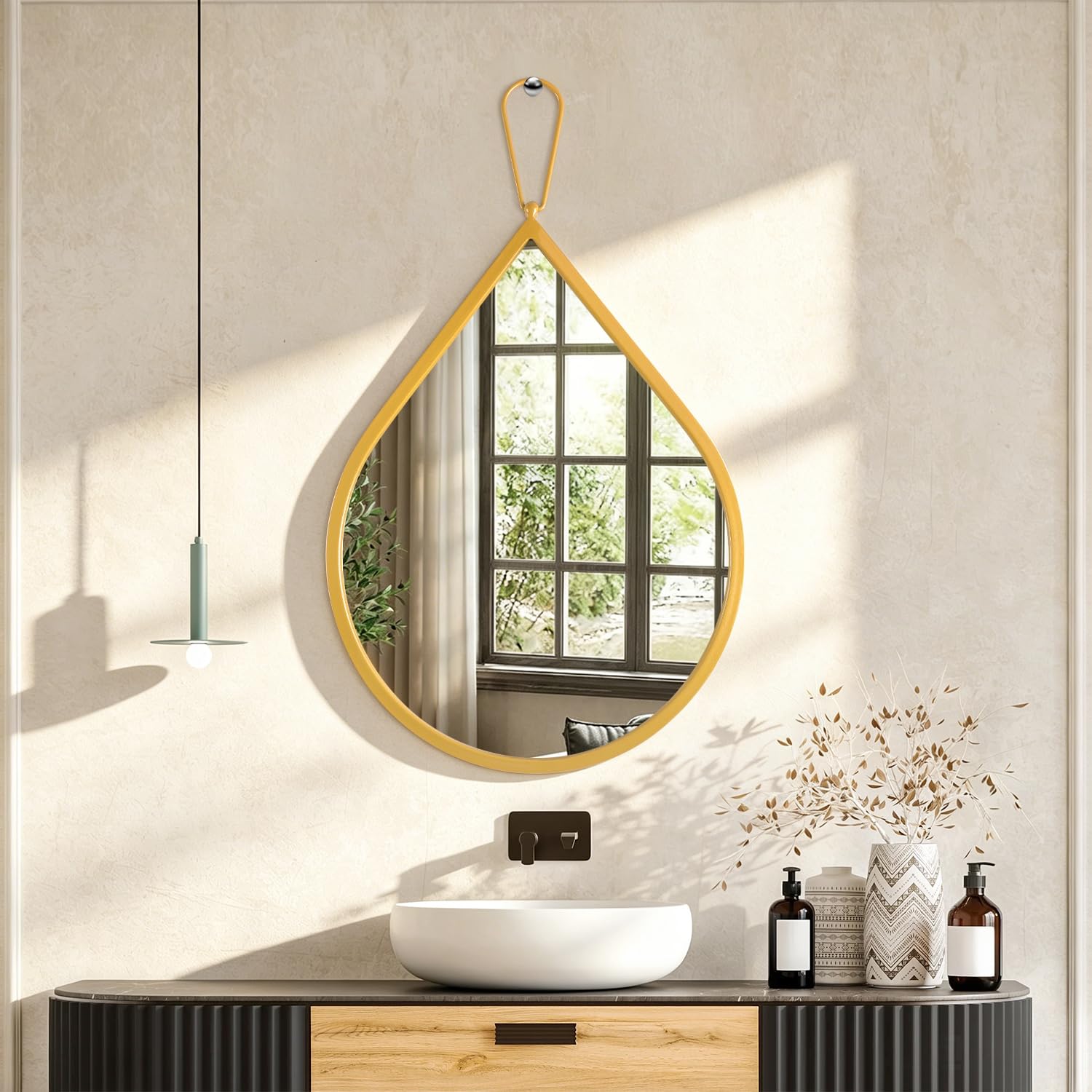 FEUFOAM Wall Mirror Small Gold Metal Framed Decorative Mirror Unique Teardrop Shaped Modern Wall-Mounted Entryway Hallway Bathroom Living Room Vanity Mirror 50 x 40cm
