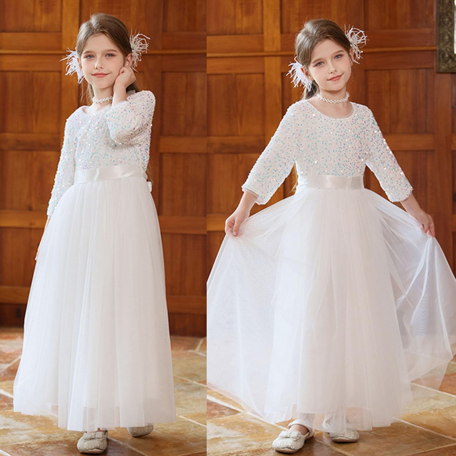 Vestido de Lentejuelas de Manga Larga para niñas con Capa superpuesta, Ideal para Fiestas y Eventos Especiales, diseño Elegante y Brillante, Tallas 7-12 años