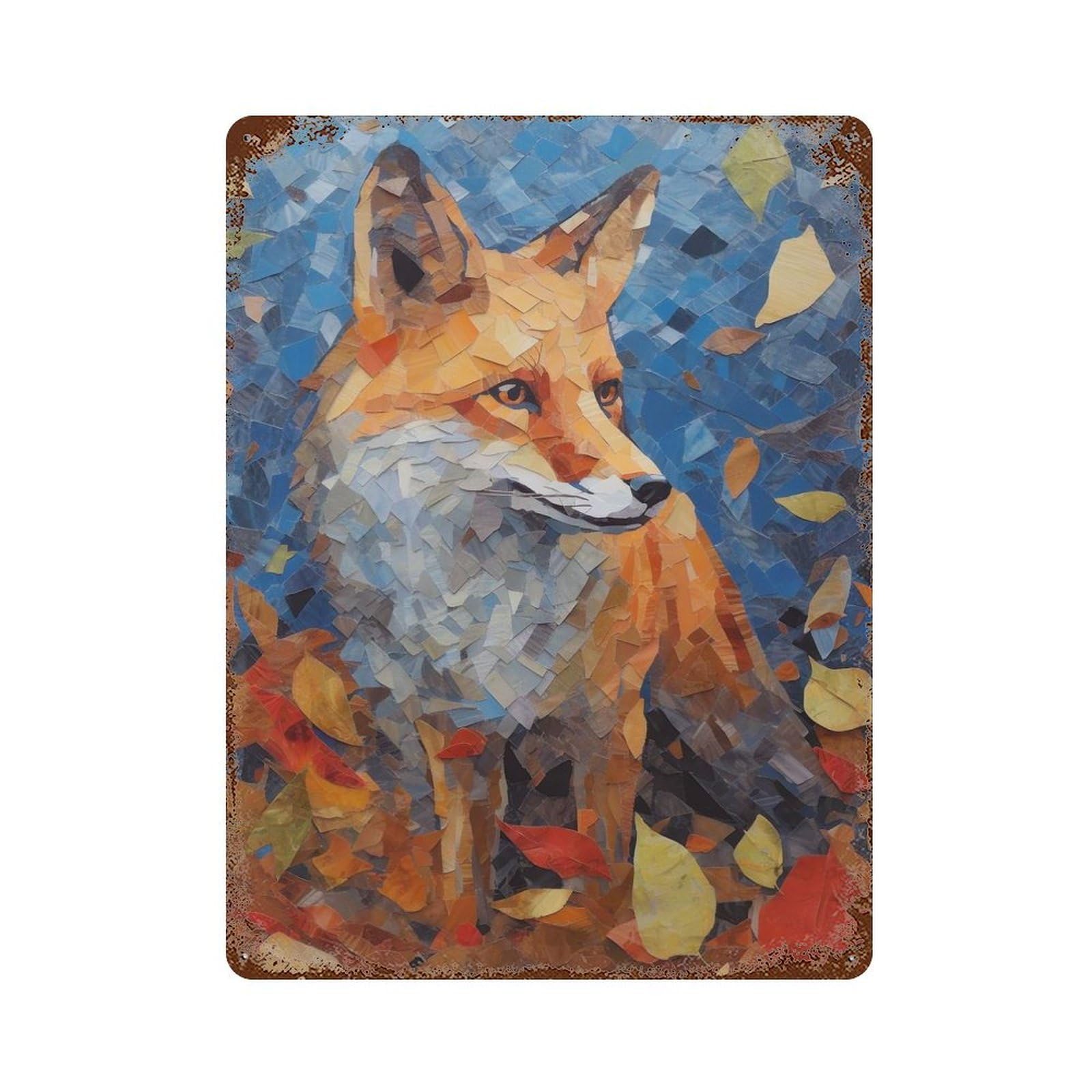 Fox in Autumn Leaves Vintage Rust Metal Sign 15.7"x11.8", Shabby Chic Decor for Garage, Pub Or Kitchen