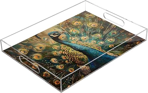 JIPONI Vintage Peacock Plastic Serving Trays, Decorative Serving Tray with Handles, Acrylic Storage Tray for Coffee Table, Bedroom, Bathroom,