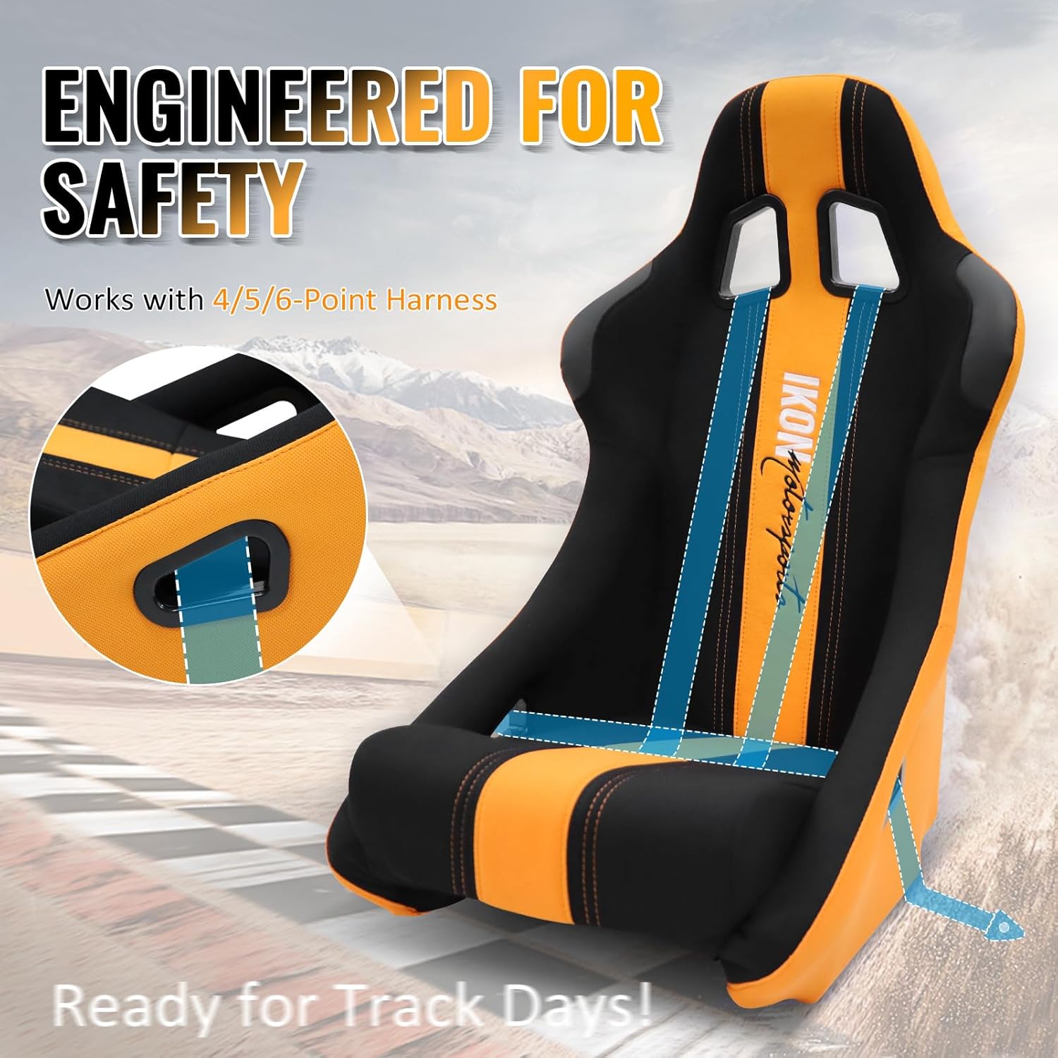 IKON MOTORSPORTS, Universal Racing Bucket Seat Pair, Black Orange Pineapple Fabric Sport Seats for Car, Truck, SUV, Off-Road & Sim Racing, Ergonomic High-Back Design with Deep Bolstering