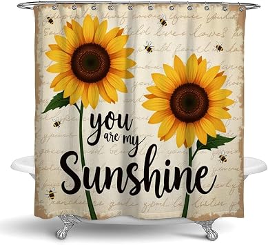 Waterproof Fabric Shower Curtain Set with Hooks 72"x70" for Home Bathroom, You are My Sunshine Bees Sunflowers Print Shower Curtain
