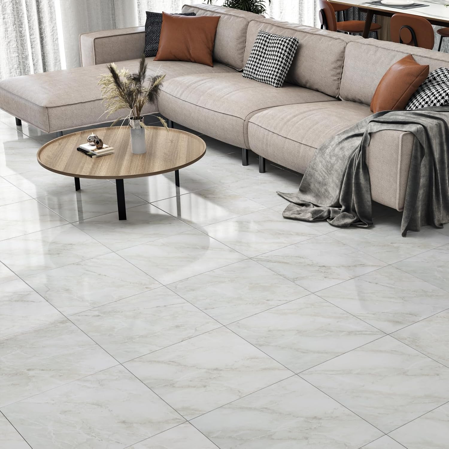 Wallercity Shiny White/Gray Peel and Stick Floor Tiles 18-Pack Self Adhesive Waterproof Vinyl Flooring Planks for Kitchen Bathroom Bedrooms 12x12 Inch Stick on Floor Tiles Linoleum Flooring Sheets