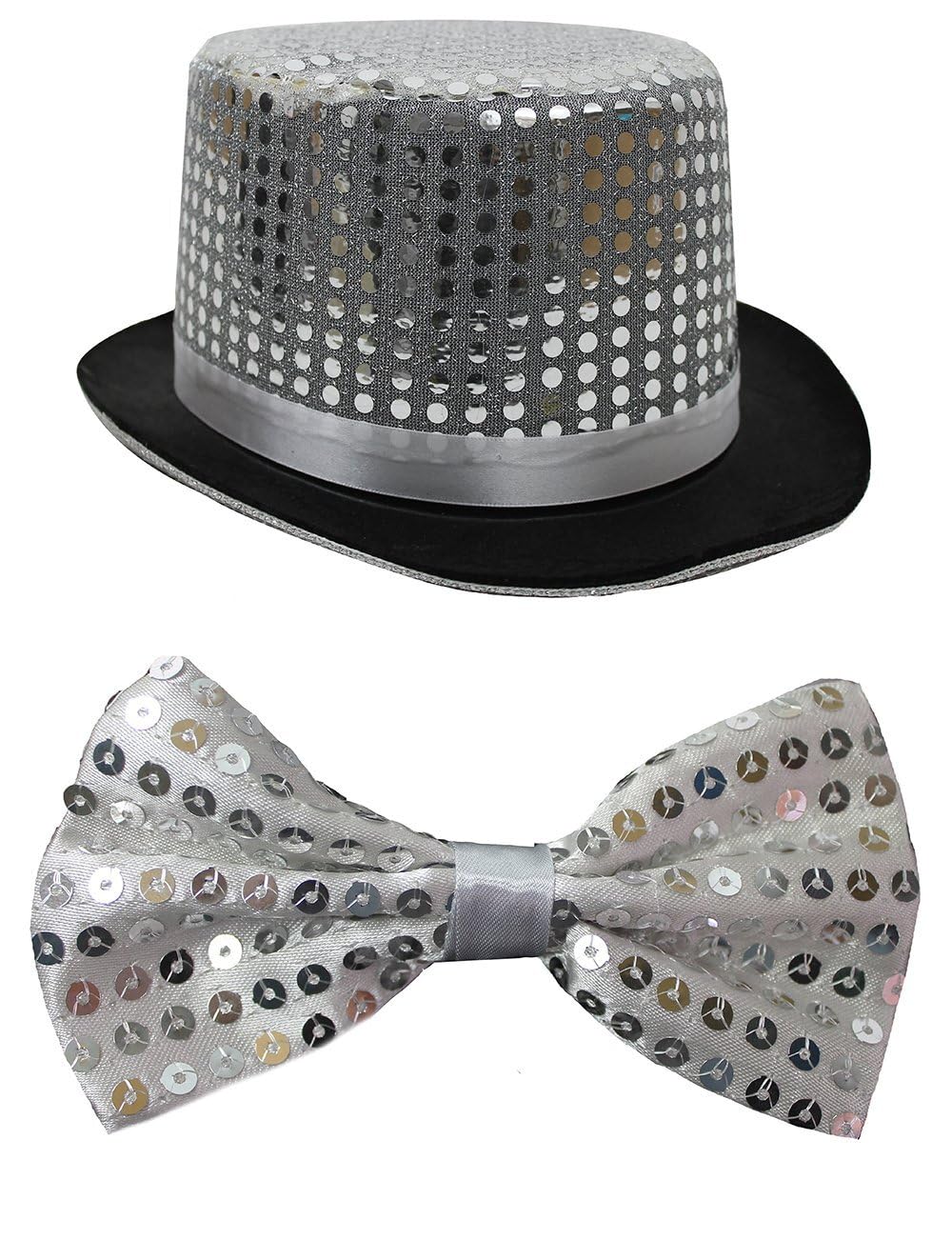 I LOVE FANCY DRESS Sequin Dance Show Set With Top Hat, Bowtie (Silver)
