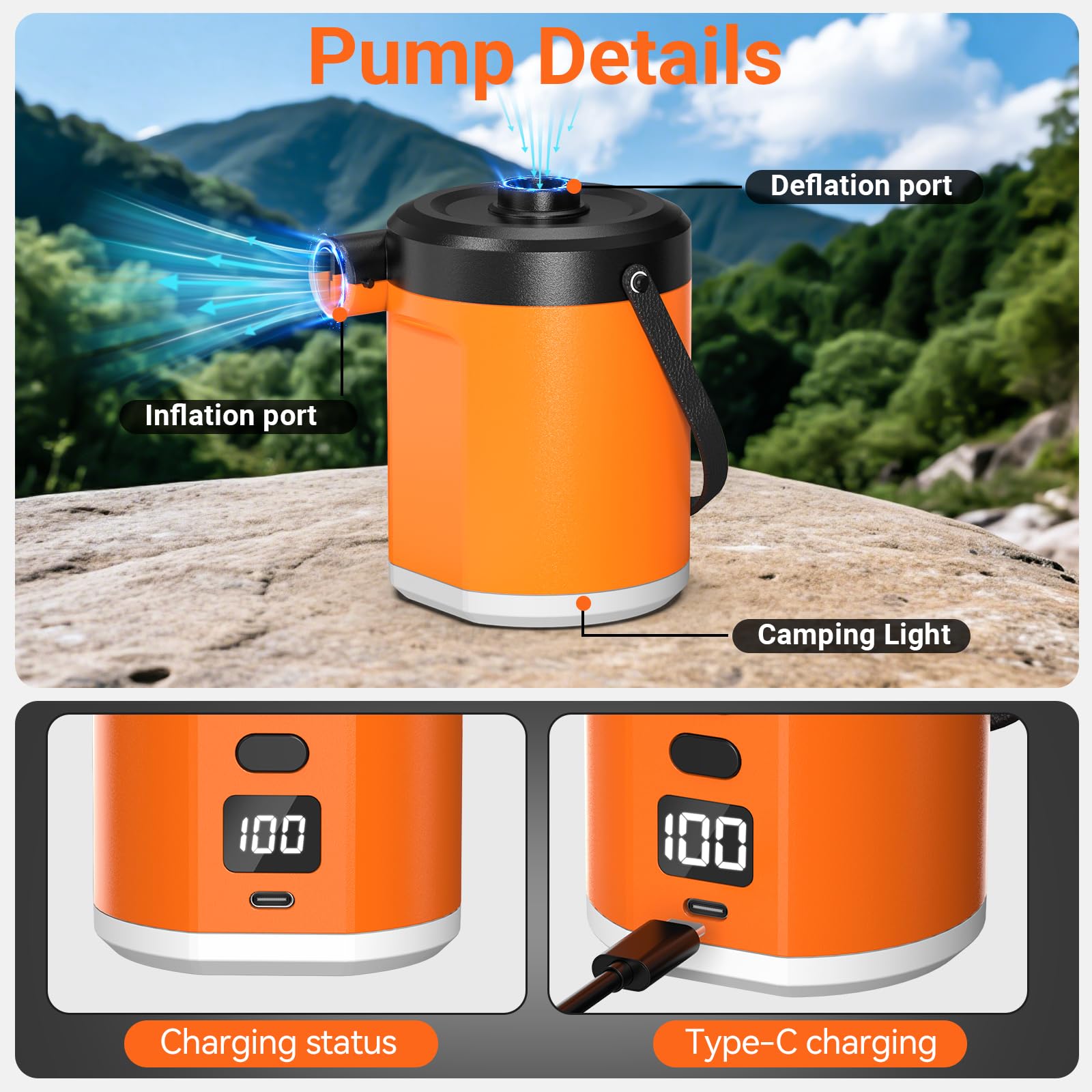 Elektrische Luftpumpe mit 5000-mAh-Akku, tragbare Luftpumpe mit 3 Düsen, inklusive Campinglampe, elektrische Luftpumpe, geeignet für Strand, Camping und Outdoor-Veranstaltungen