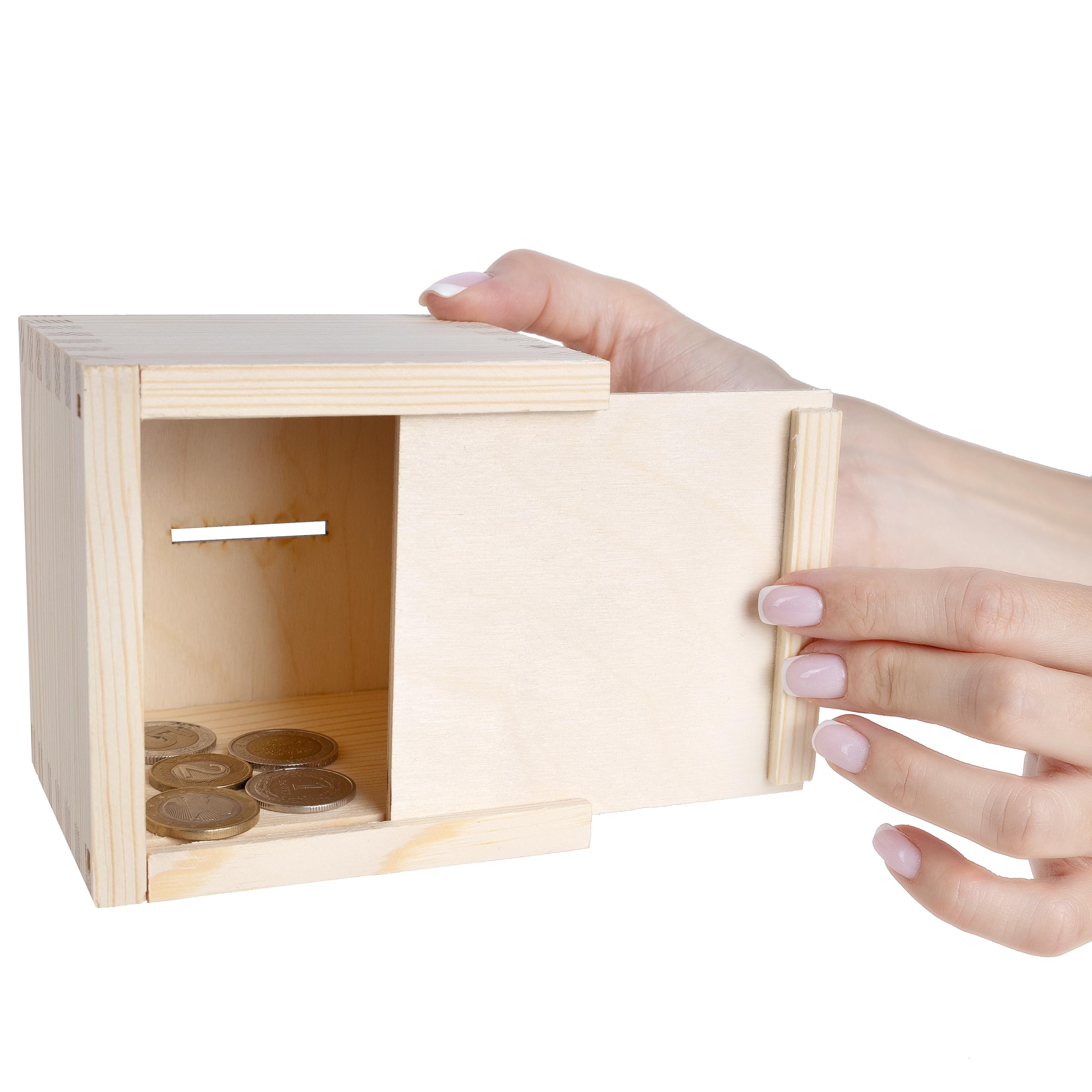 Creative Deco Salvadanaio in Legno | Scatola Personalizzata per Soldi Salvadanaio Apribile | 9,5 x 9,5 x 9 cm | Scatola per Risparmio | Legno di Pino Grezzo | Perfetta come Scatola per Decoupage