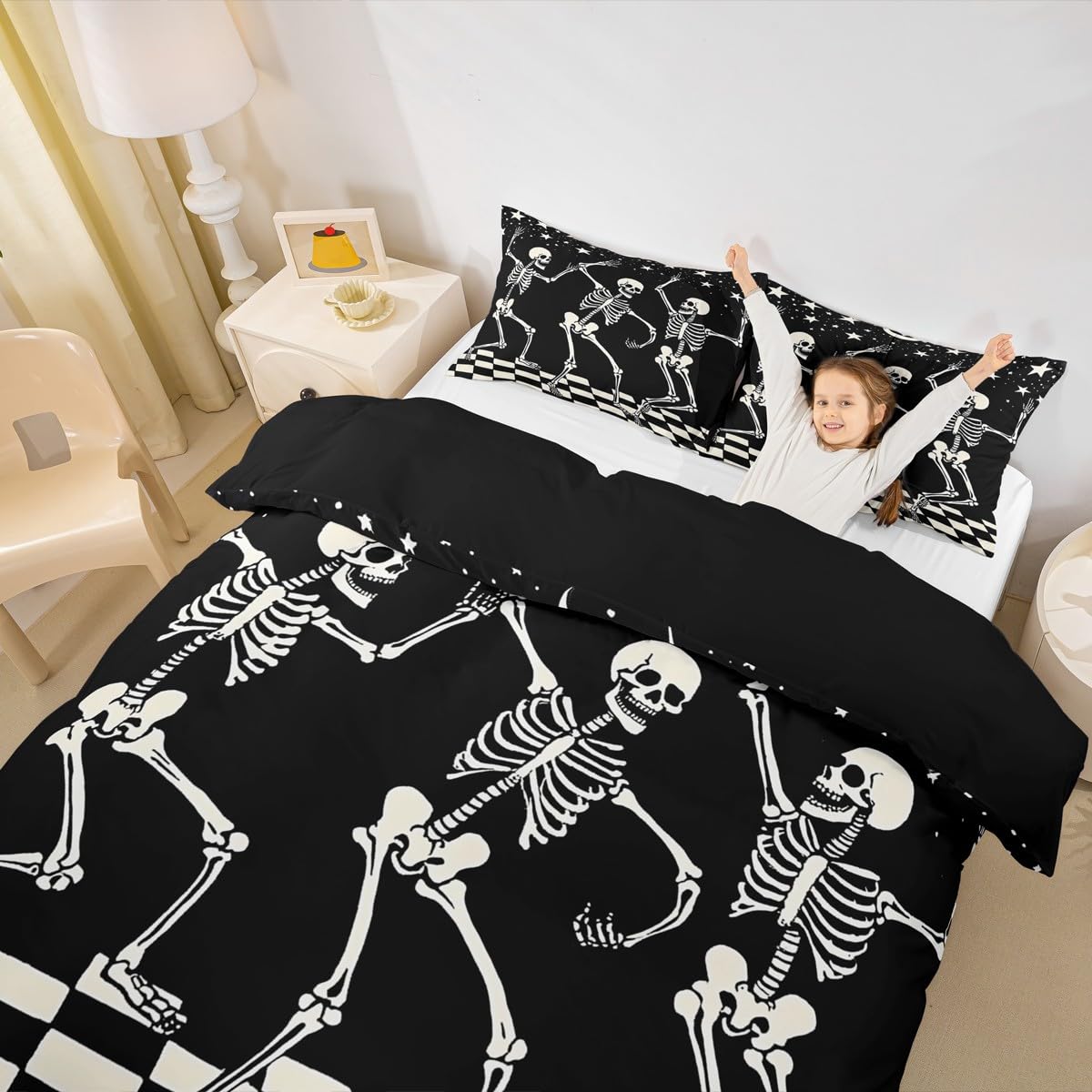 Homewish Gotycka czaszka poszewka na kołdrę podwójna cukrowa czaszka kości poszewka na kołdrę, gotycki zestaw pościeli na Halloween, patchworkowa poszewka na kołdrę zestawy pościeli