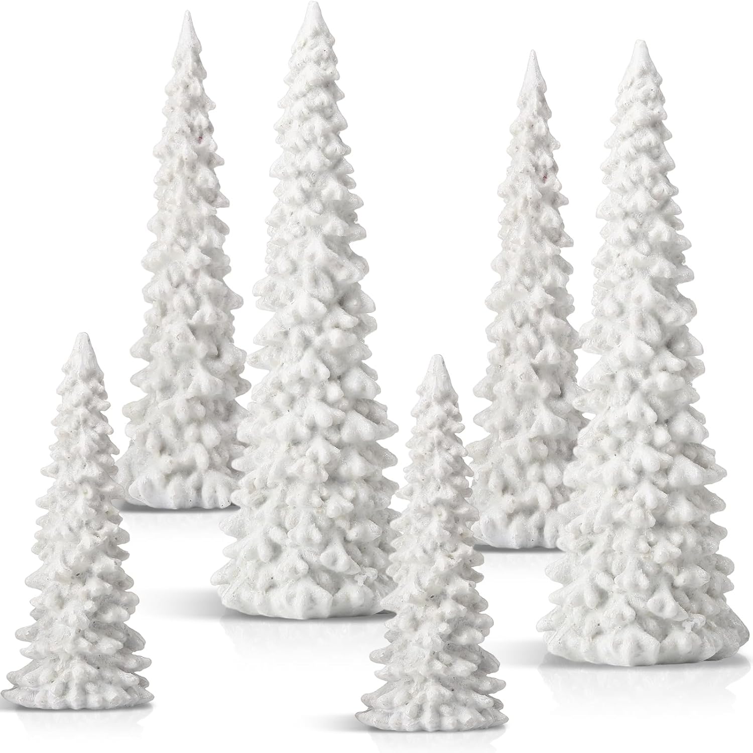 Pangda 6 Pcs Christmas Tree Figurines 11''/ 8.6''/ 7'' Champagne Gold Glittered Christmas Tree Resin Stone Xmas Holiday Figurines Xmas Desk Decor Centerpieces for Tabletop Decoration(White)